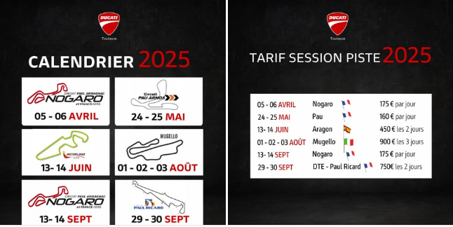 Calendrier des Journées de Roulage sur piste organisées par Ducati Toulouse